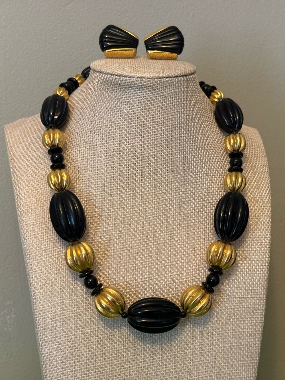 Napier Vintage Black and Gold Bead Necklace with Matching Clip Earrings